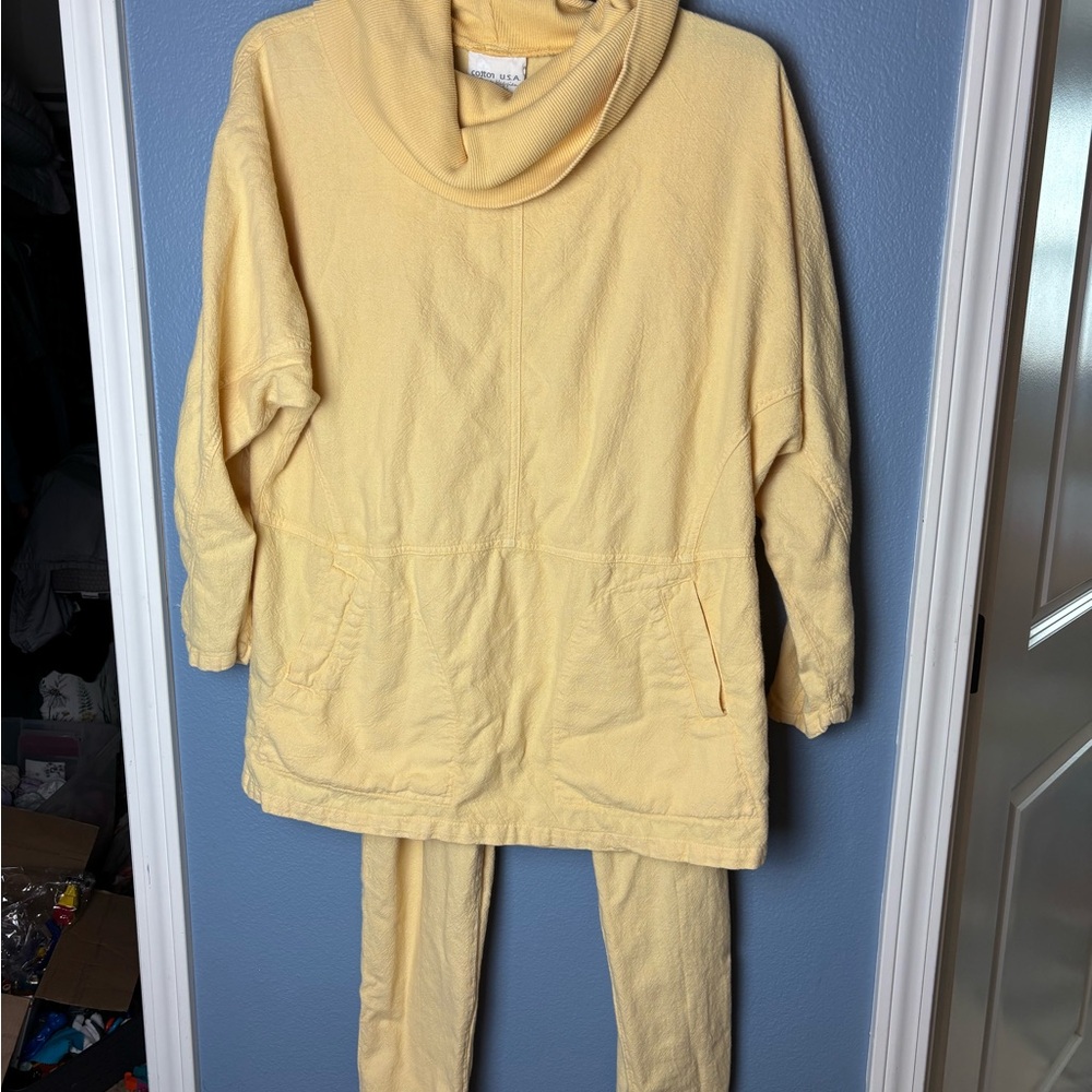 Vintage Cowl Neck Yellow Cotton Lounge Set with Pockets 1990s GEORFE HAGOPIAN